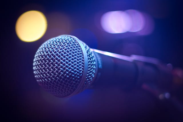 Microphone with blurred lights in the background