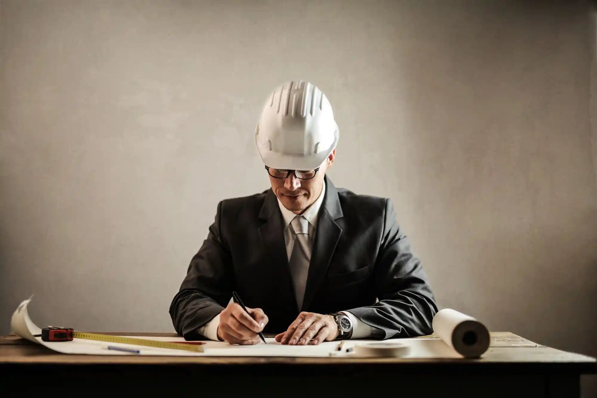 Construction professional reviewing plans for a commercial wellness development project