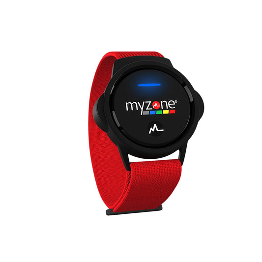 Myzone Switch heart rate monitor with red strap, featuring live fitness tracking and zone-based feedback on smartwatch interface
