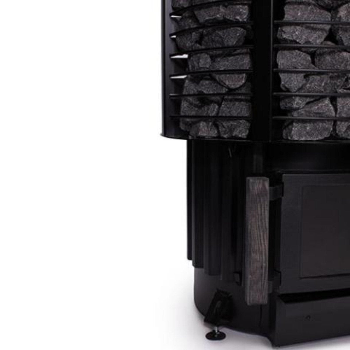Narvi Inari wood-burning sauna stove with stone-filled exterior, front view on white background