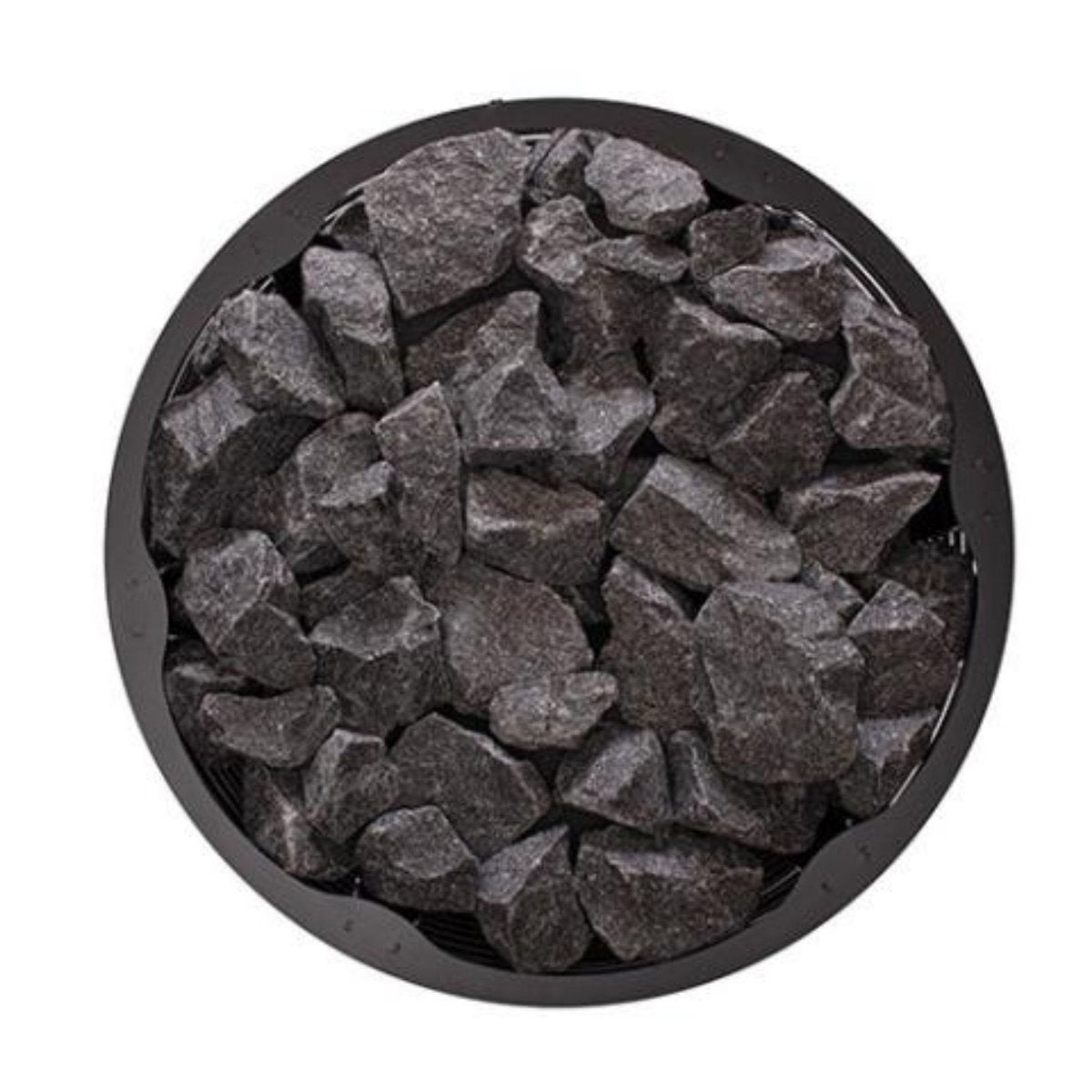 Top view of Narvi Inari wood-burning sauna stove stone basket filled with sauna stones on white background