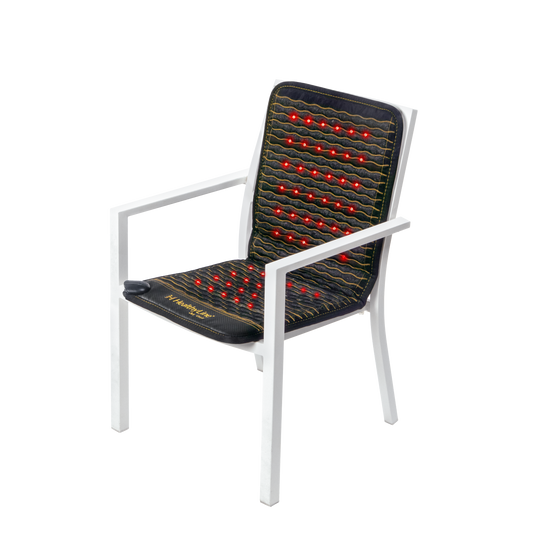 PEMF infrared therapy chair with heated red light pads for relaxation, circulation, and wellness