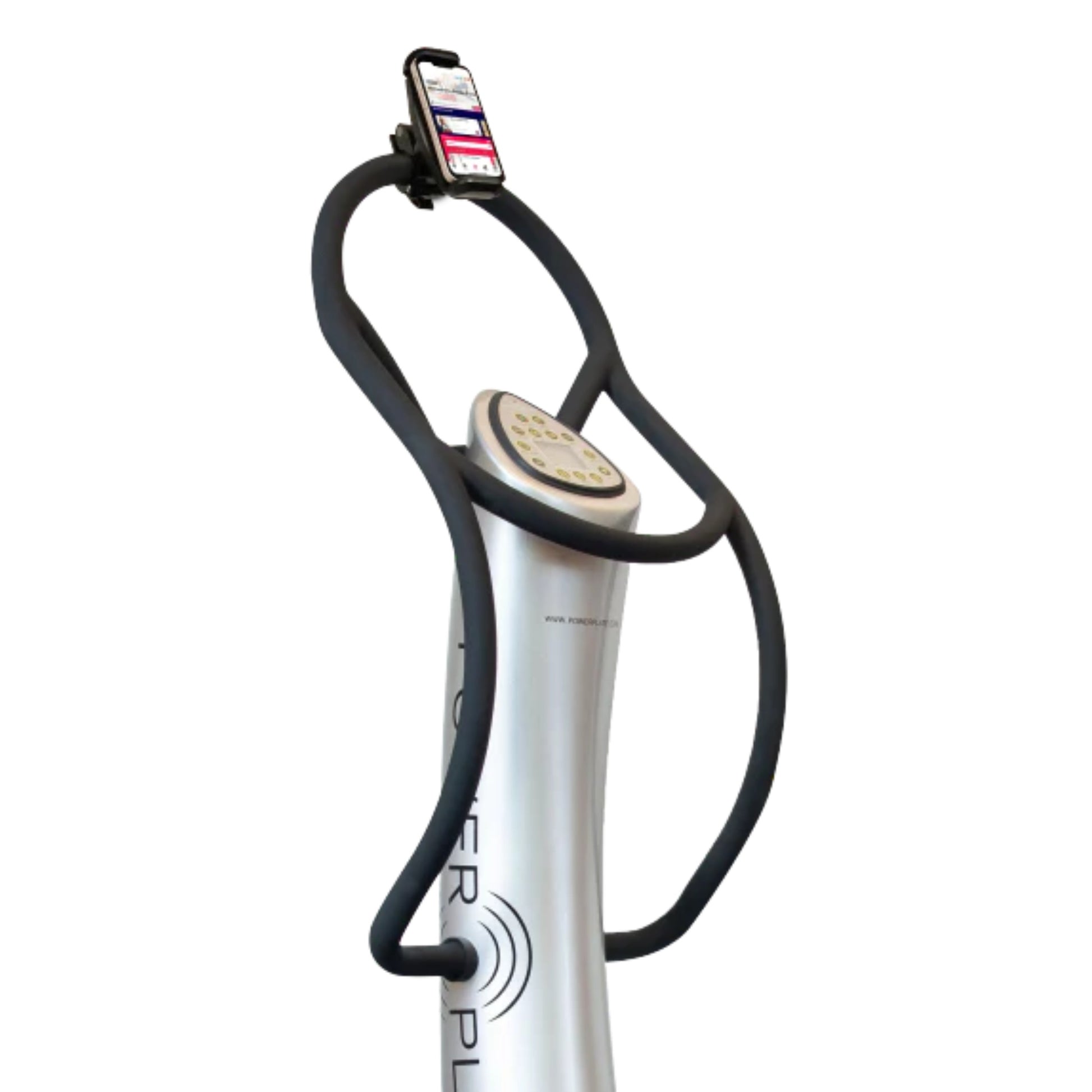 Power Plate curved handle with adjustable smartphone holder mounted on top