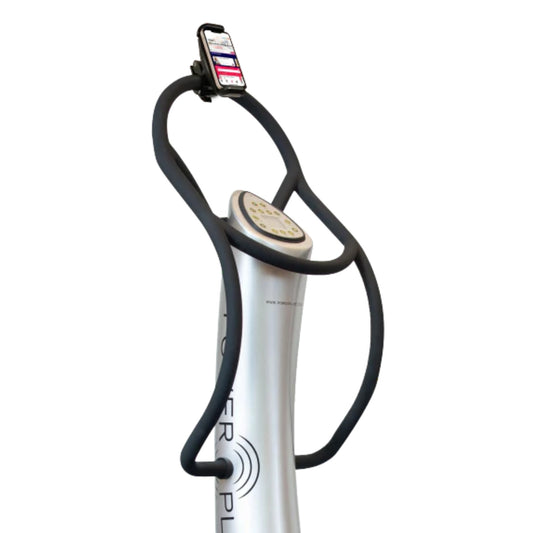 Power Plate curved handle with adjustable smartphone holder mounted on top