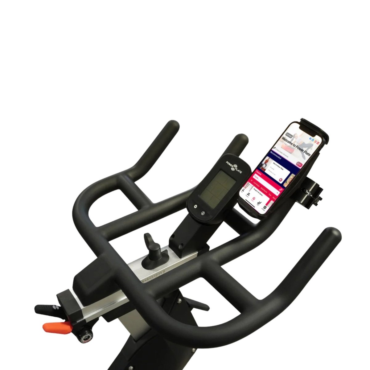 Power Plate REV bike handlebar setup with smartphone securely mounted beside console