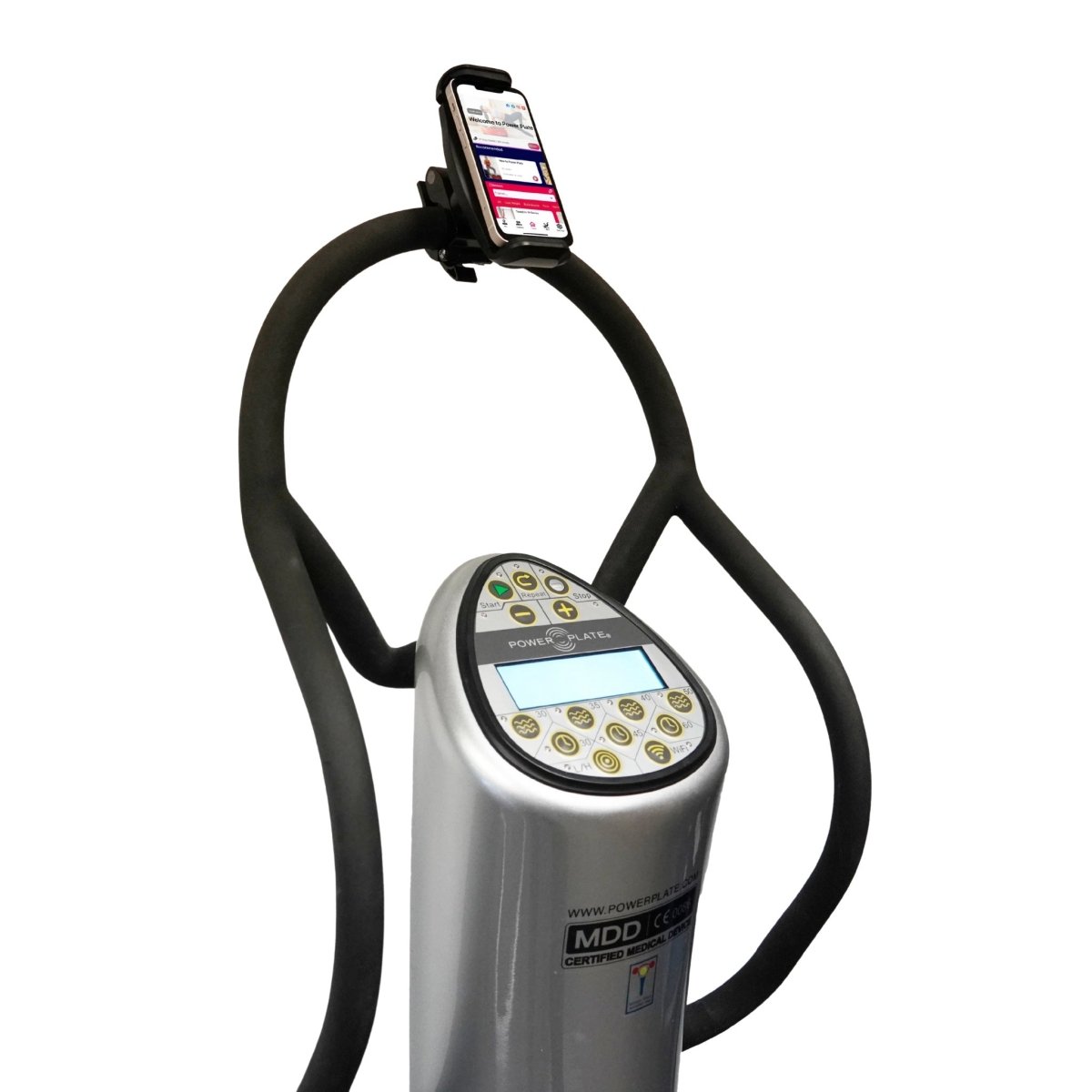 Detail of smartphone mount clipped to Power Plate handlebars with display below