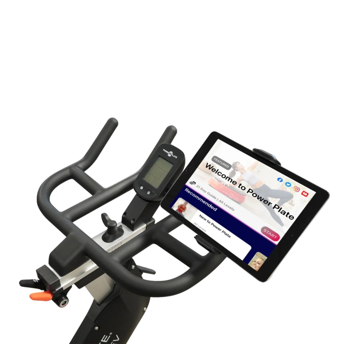 Tablet mounted to Power Plate REV bike handlebar above console for guided workouts