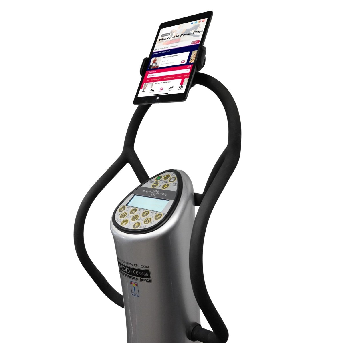 Power Plate control panel with tablet holder attached to handlebar grip