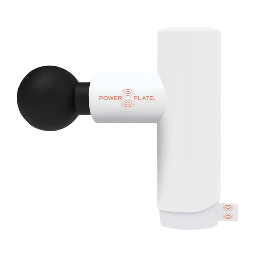 Power Plate Mini+ white massage gun side view with spherical head attachment