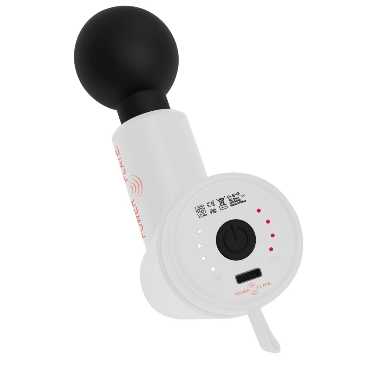 Power Plate Mini+ massage gun back panel showing power button and LED indicators