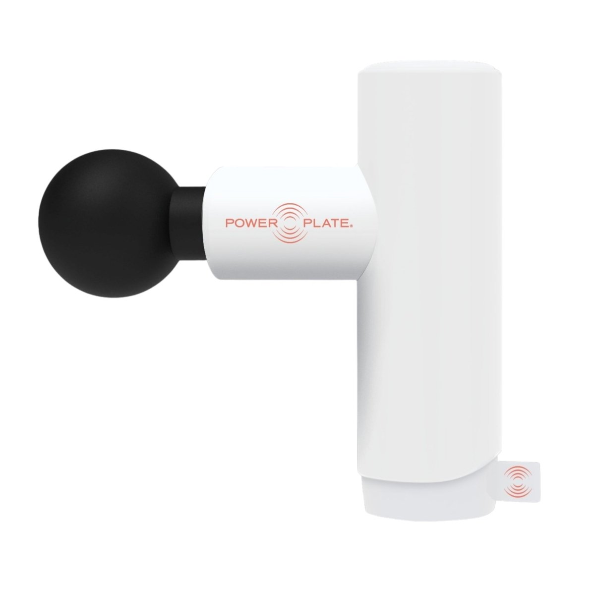 Power Plate Mini+ white massage gun side view with spherical head attachment