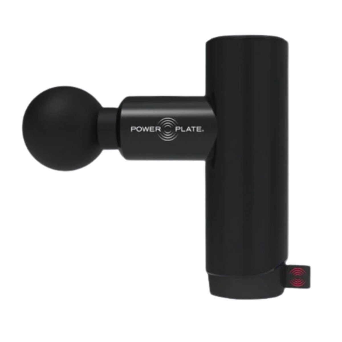 Power Plate Mini+ black handheld massage gun side profile with ball head