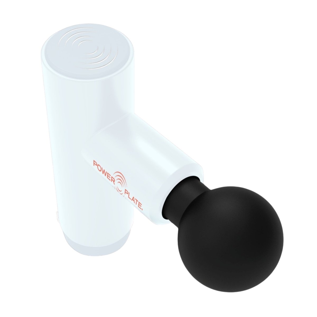 Angled top view of Power Plate Mini+ white massage gun with soft tissue therapy head