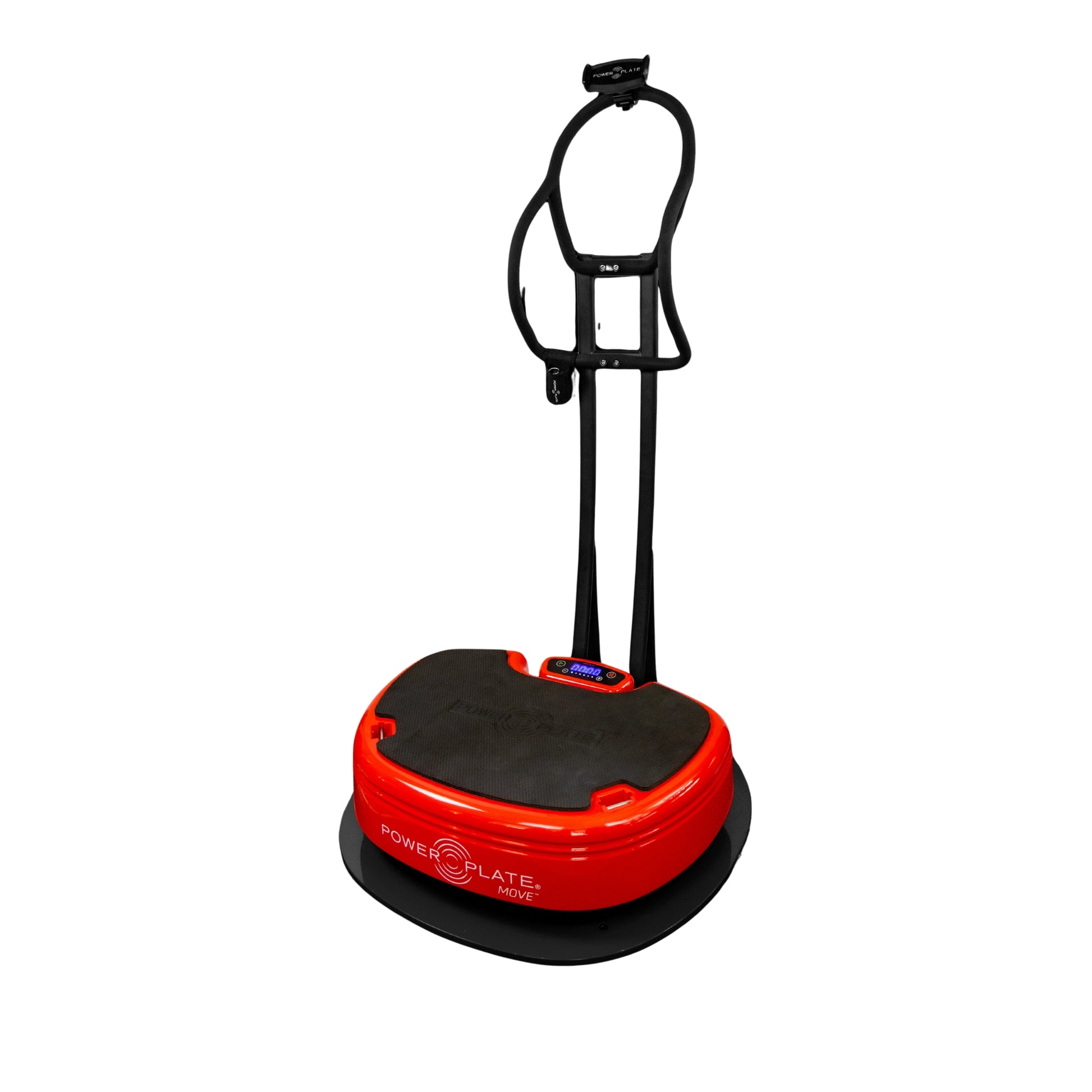 Power Plate MOVE red vibration platform with installed handlebar column kit for balance and support