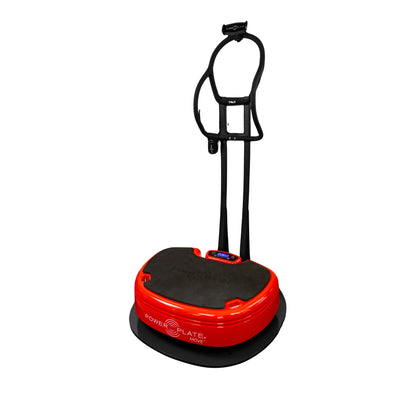 Power Plate MOVE red vibration platform with installed handlebar column kit for balance and support