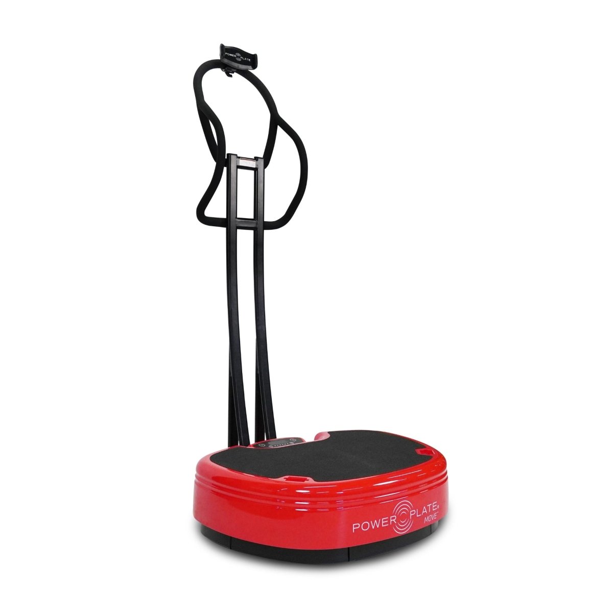 Power Plate MOVE red vibration platform with attached curved handlebar column for balance and stability