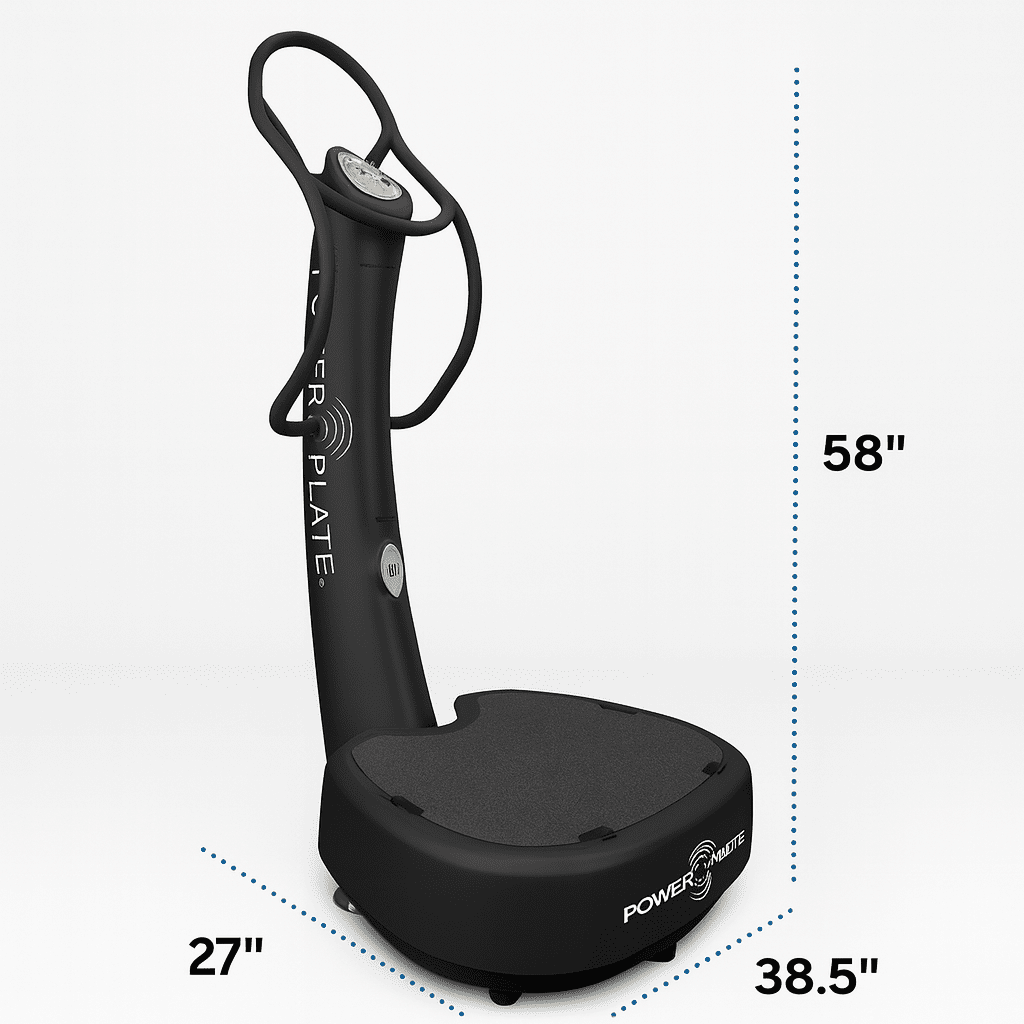 Black Power Plate my5 vibration plate with straight handlebars, displayed on a white background with labeled dimensions