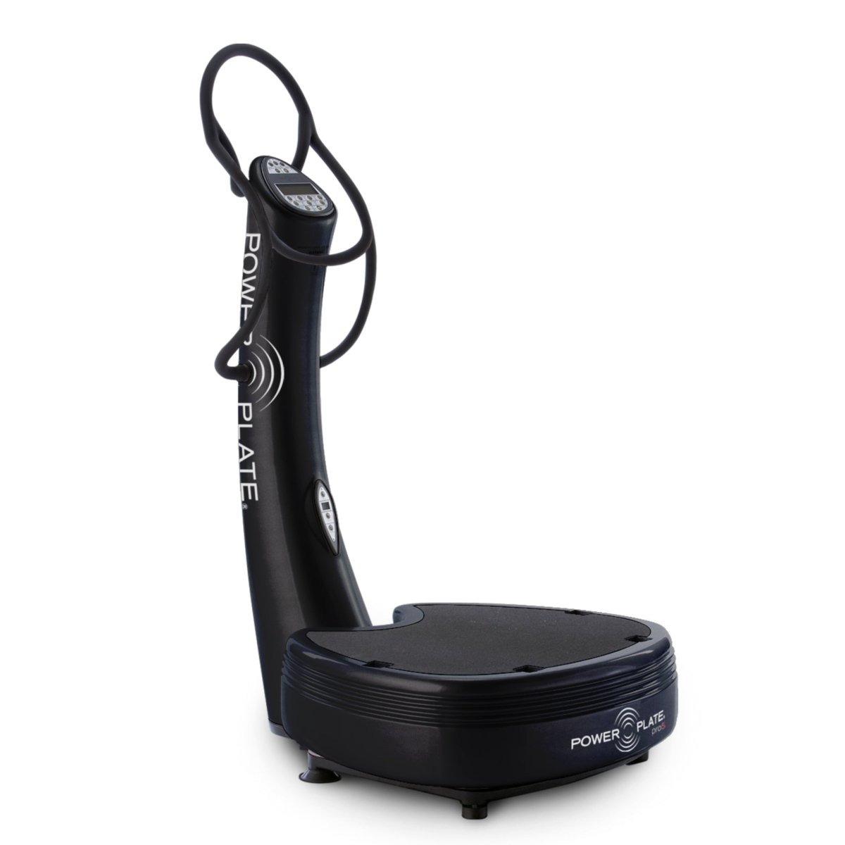 Power Plate pro5 black vibration training machine with handlebars on a white background