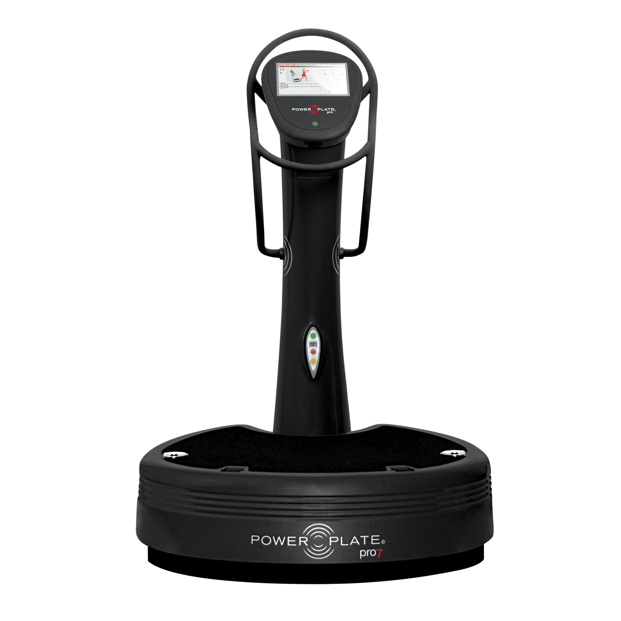 Front view of the Power Plate pro7 black vibration training machine with touchscreen console and handlebars on a white background