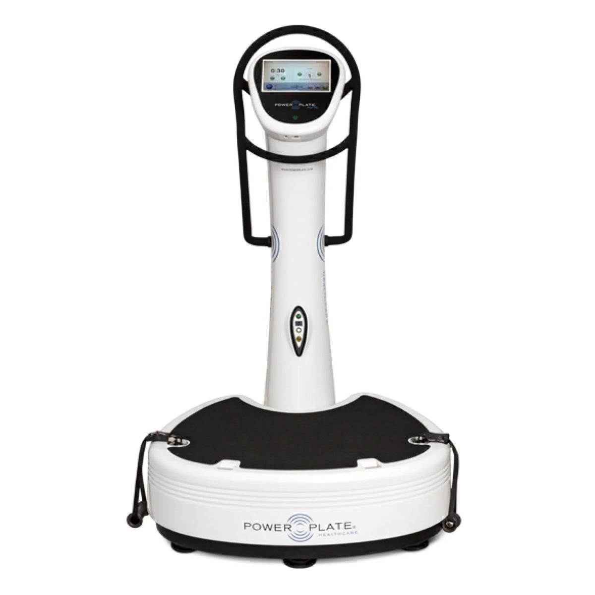 Front view of the Power Plate pro7HC white vibration training machine with touchscreen console and handlebars