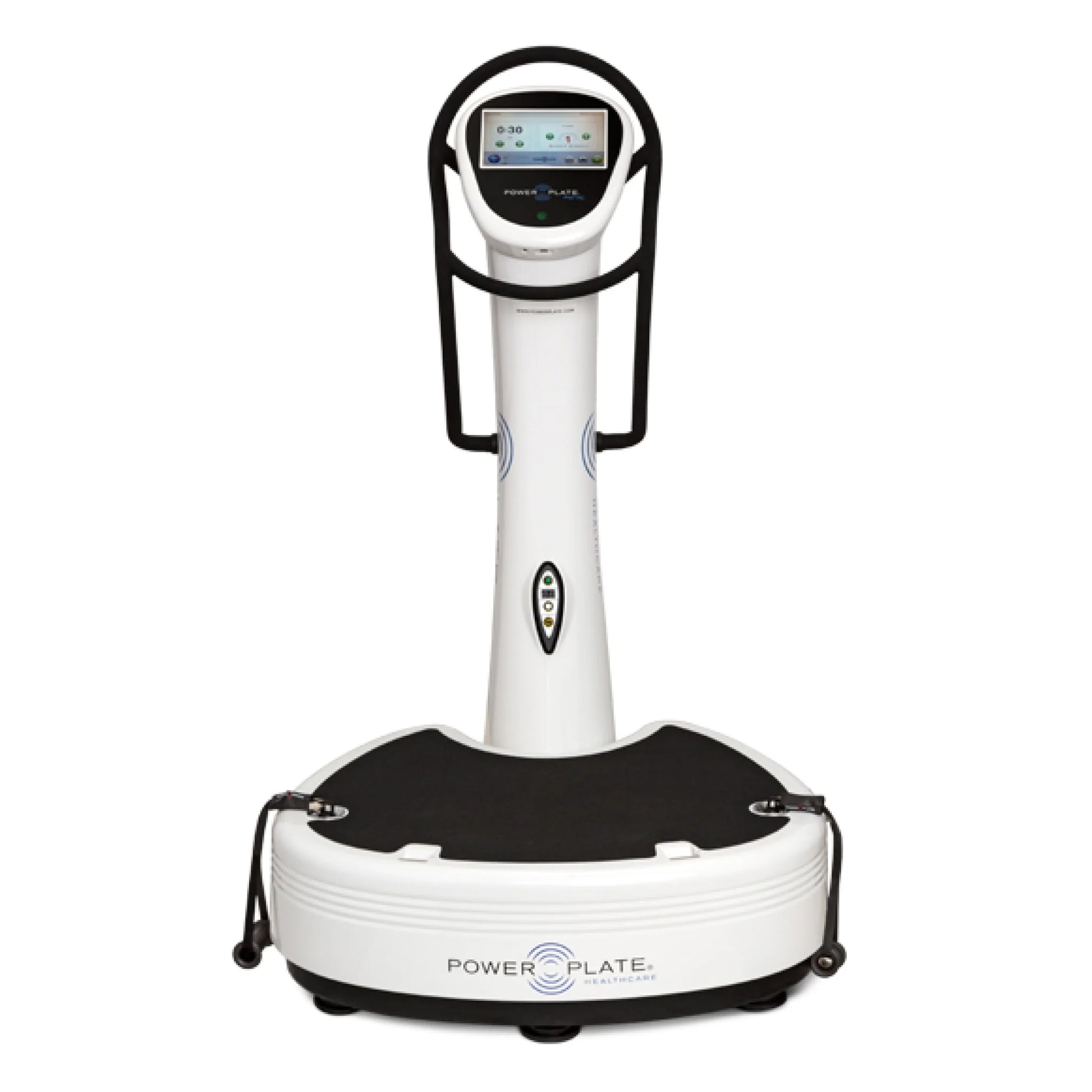 Front view of the Power Plate pro7HC white vibration training machine with touchscreen console and handlebars on a white background