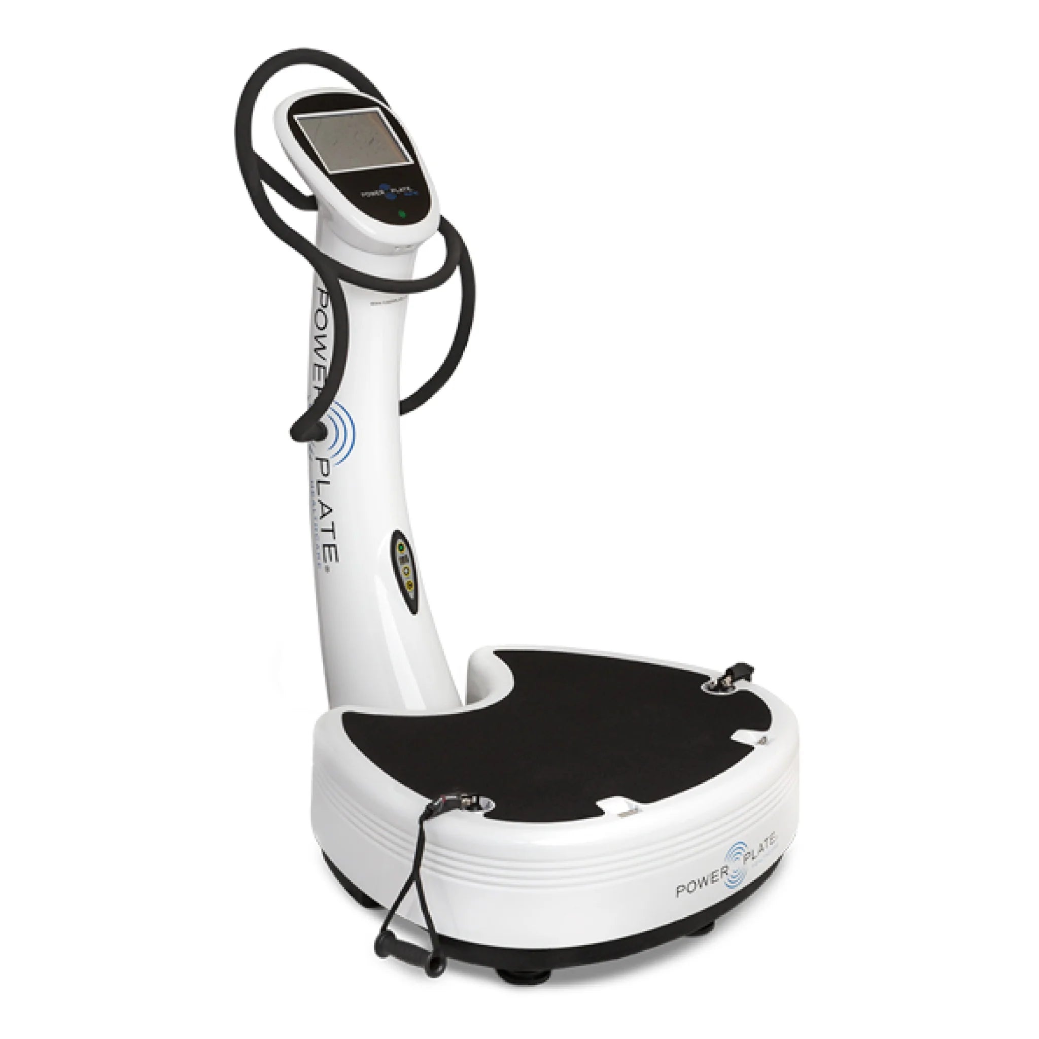 Power Plate pro7HC white vibration training machine with touchscreen console and handlebars on a white background