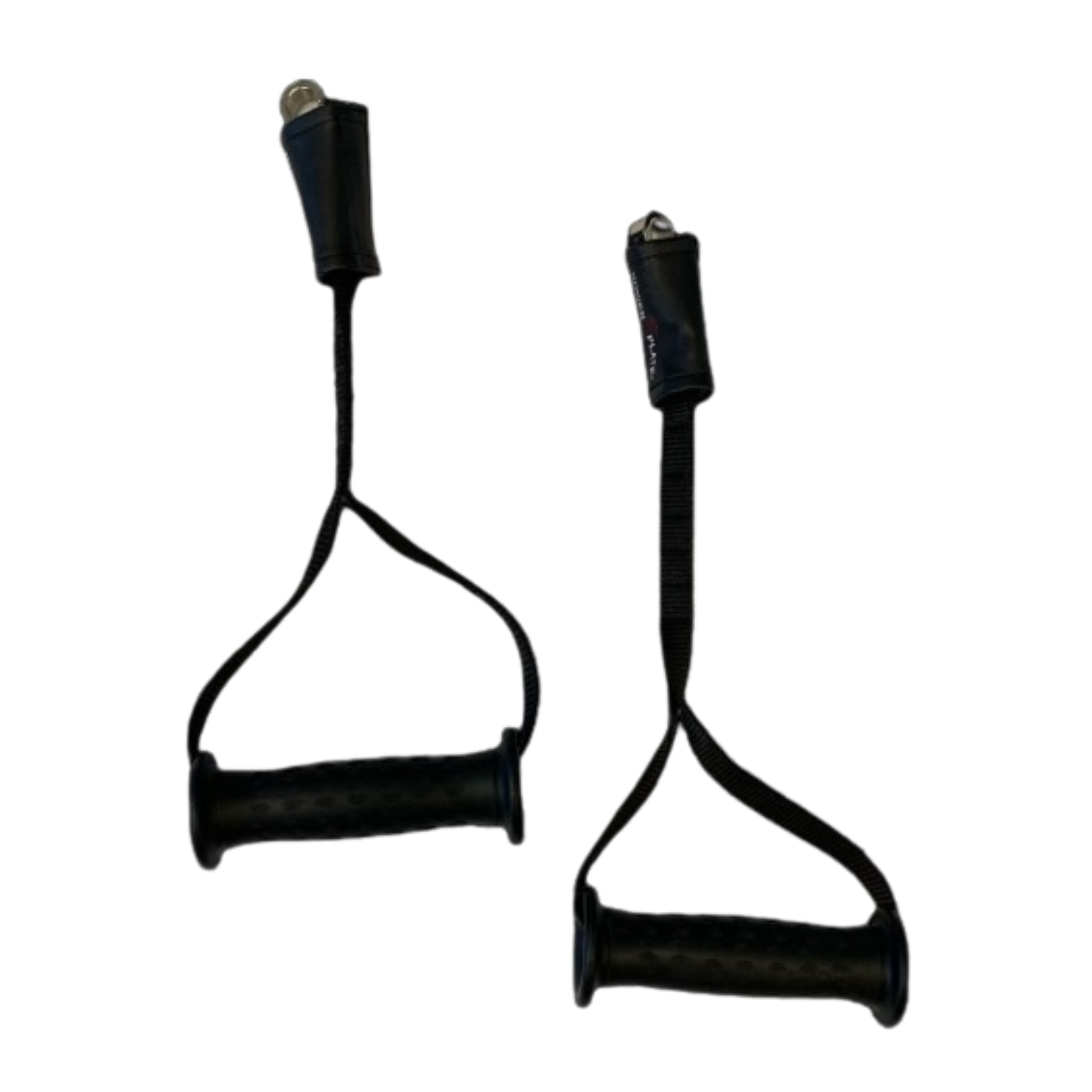 Pair of Power Plate proMOTION cable handles with ergonomic grip, shown on black background for strength training compatibility