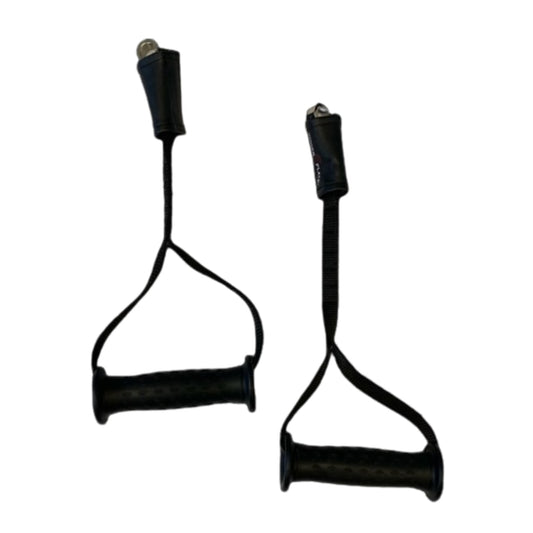 Pair of Power Plate proMOTION cable handles with ergonomic grip, shown on black background for strength training compatibility