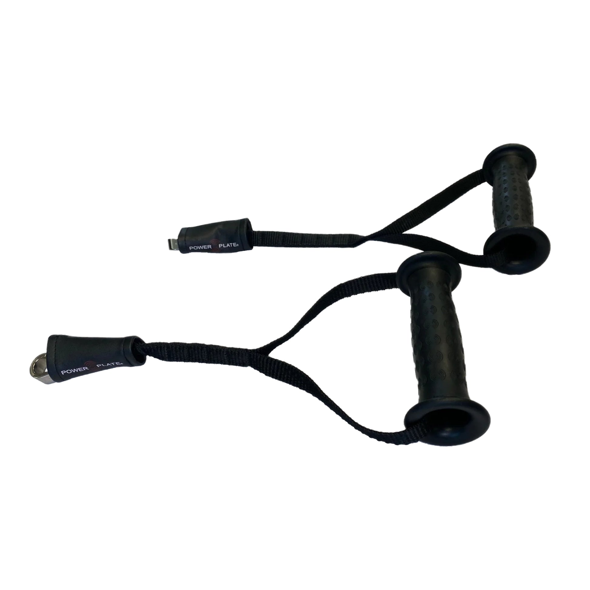Power Plate proMOTION resistance cable handles with textured black grip and secure attachment loops for upper body exercises
