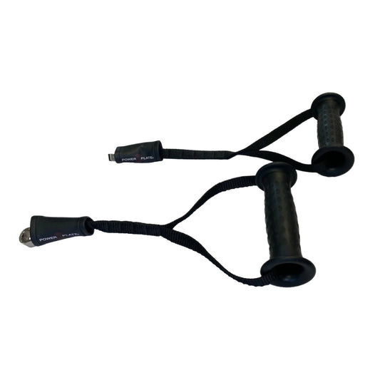 Power Plate proMOTION resistance cable handles with textured black grip and secure attachment loops for upper body exercises