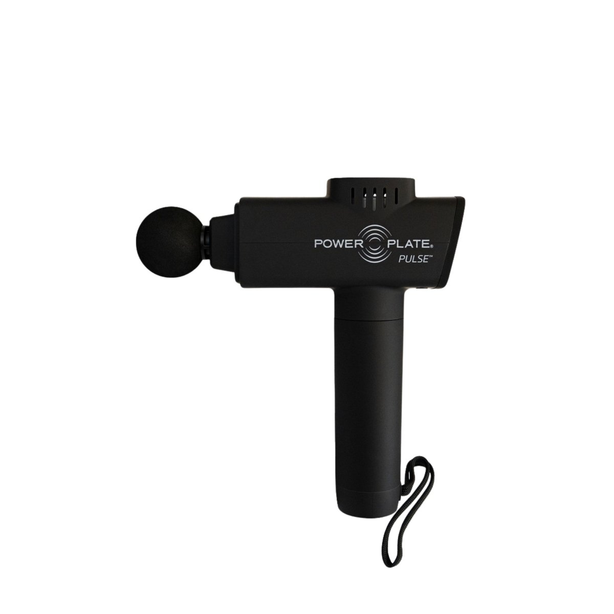Power Plate Pulse black massage gun with sleek matte finish and comfort grip
