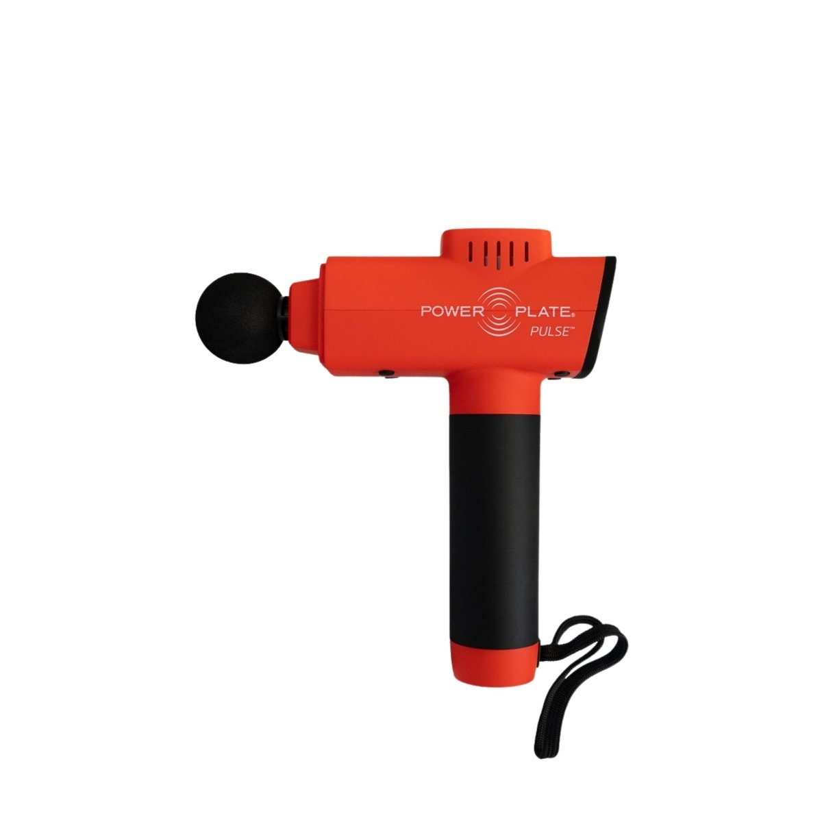 Power Plate Pulse red massage gun side view with ergonomic handle and ball attachment