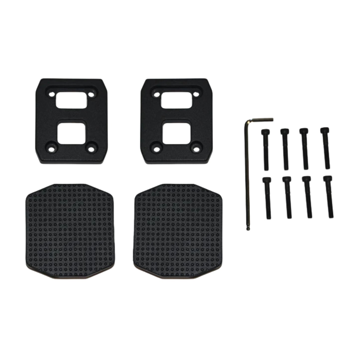 Power Plate REV bike pedal block kit including mounting plates, grip pads, bolts, and hex key