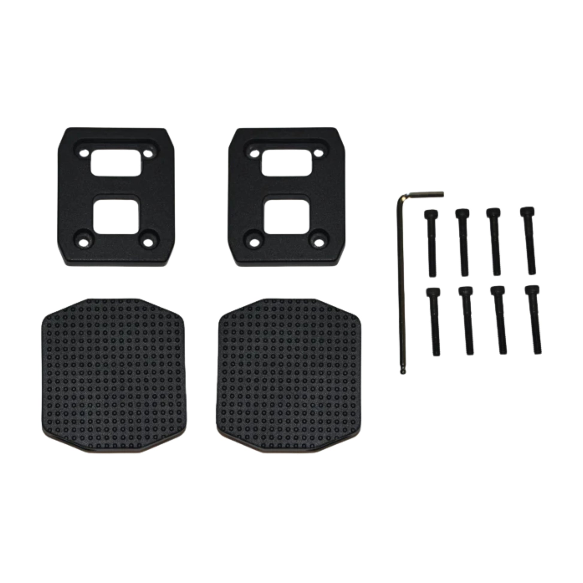 Power Plate REV bike pedal block kit including mounting plates, grip pads, bolts, and hex key