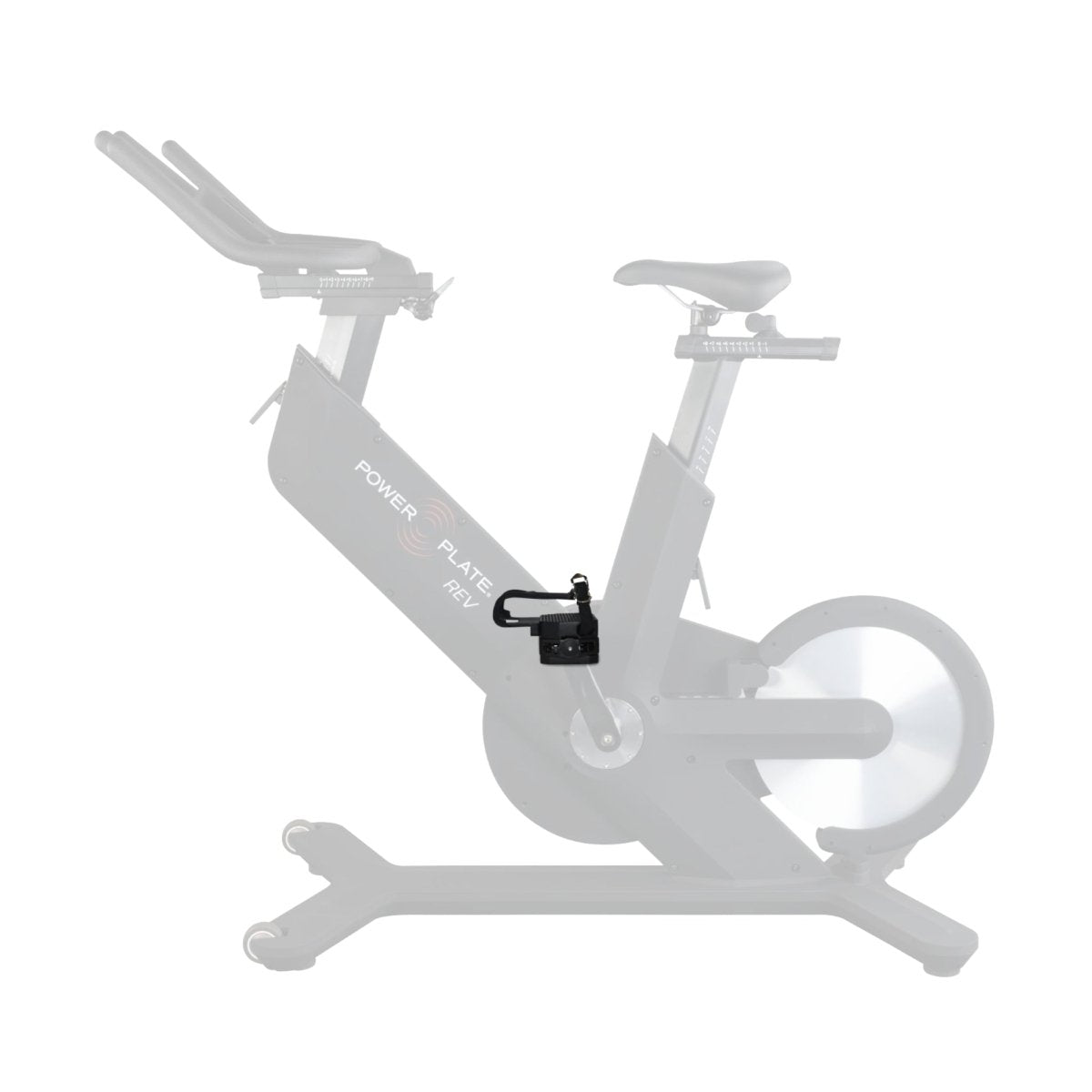Side profile of the Power Plate REV vibration-enhanced indoor cycling bike with flywheel and ergonomic handlebars