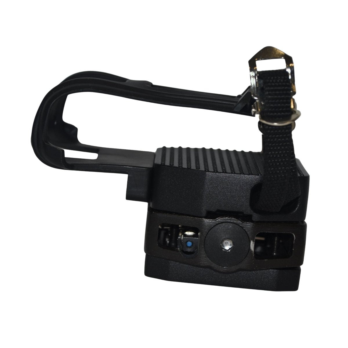 Close-up view of Power Plate REV bike pedal with adjustable foot strap and textured grip
