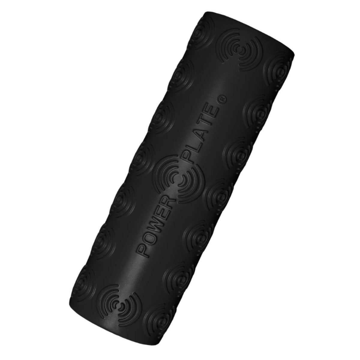 Woman using Power Plate vibrating foam roller for leg massage therapy at home