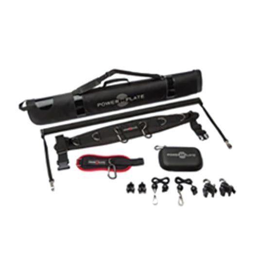 Power Plate Total Body Cable Accessory Kit with resistance belts, straps, clips, and carry case for full-body vibration training