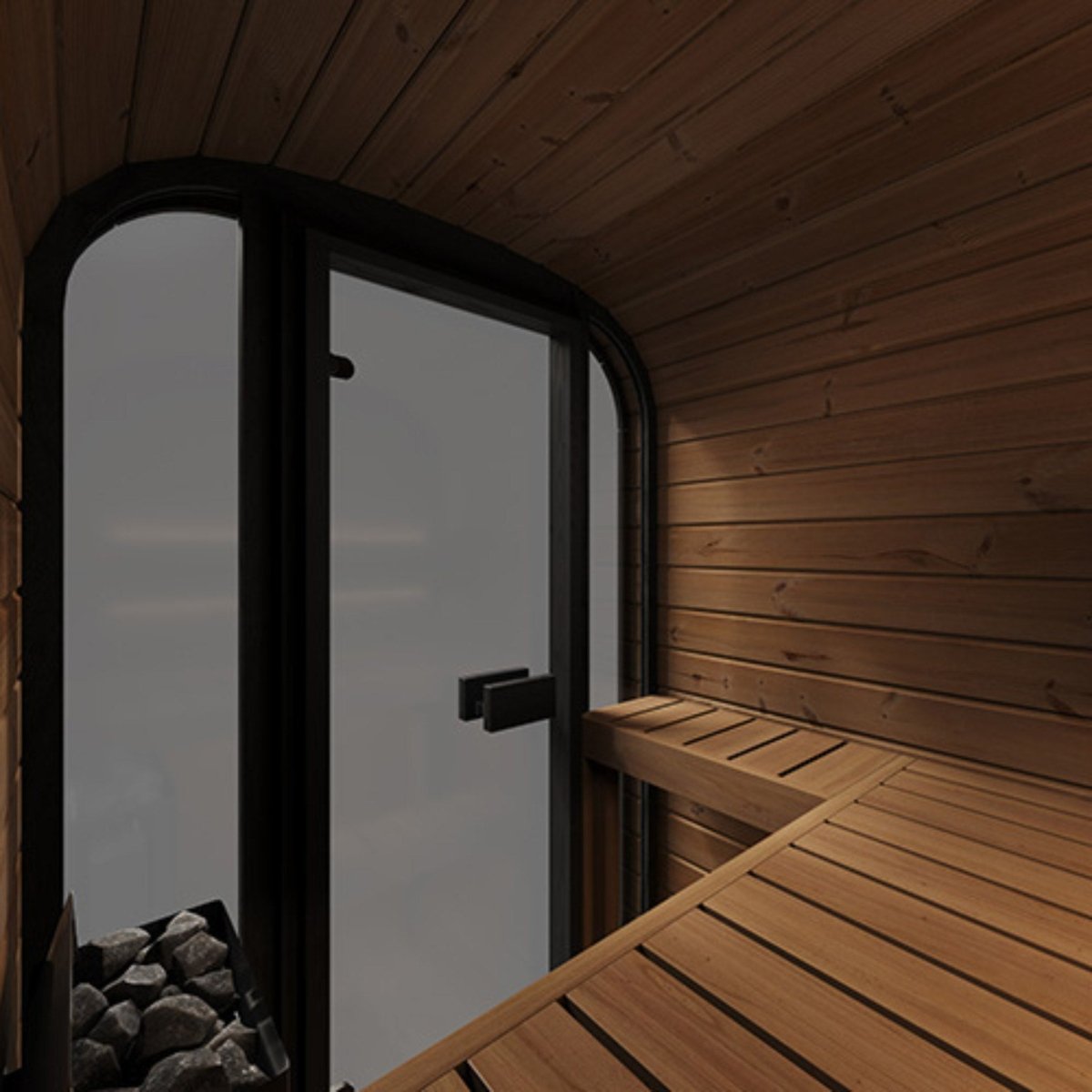 Saunalife CL3G interior view with cedar bench and glass door.