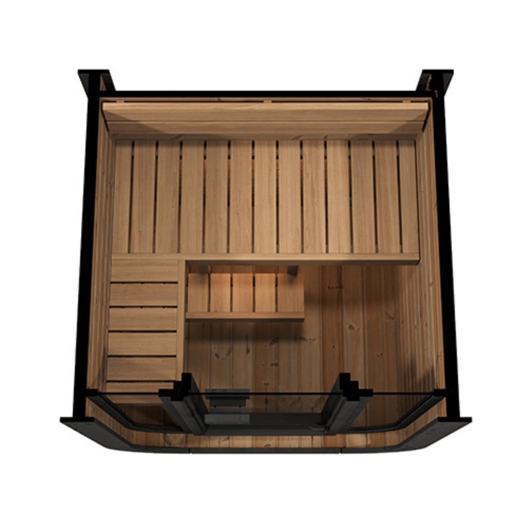 Saunalife CL3G interior top view showing cedar benches and backrest.