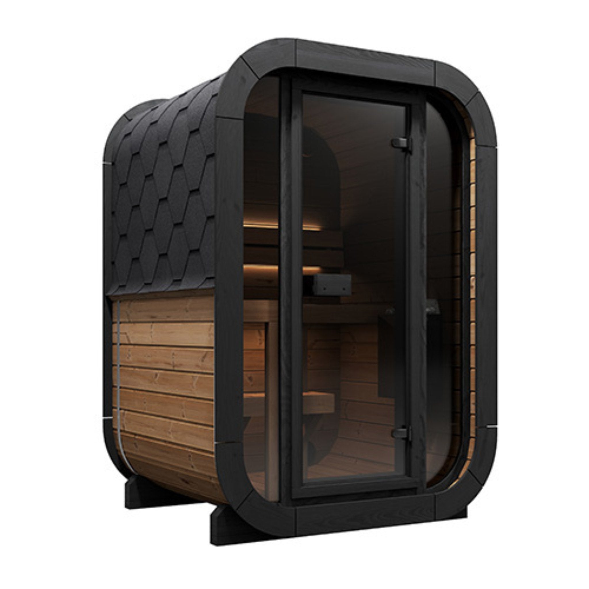 SaunaLife Model CL3G outdoor sauna cabin with full glass front and black modern frame.
