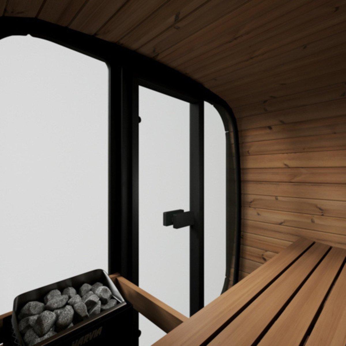 Saunalife CL4G interior sauna view with wood benches and heater.