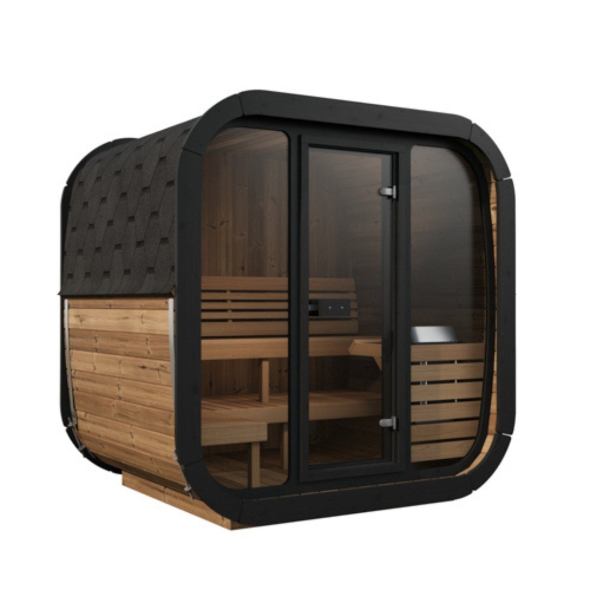 SaunaLife Model CL5G outdoor sauna cabin with glass front door and sleek black frame design.