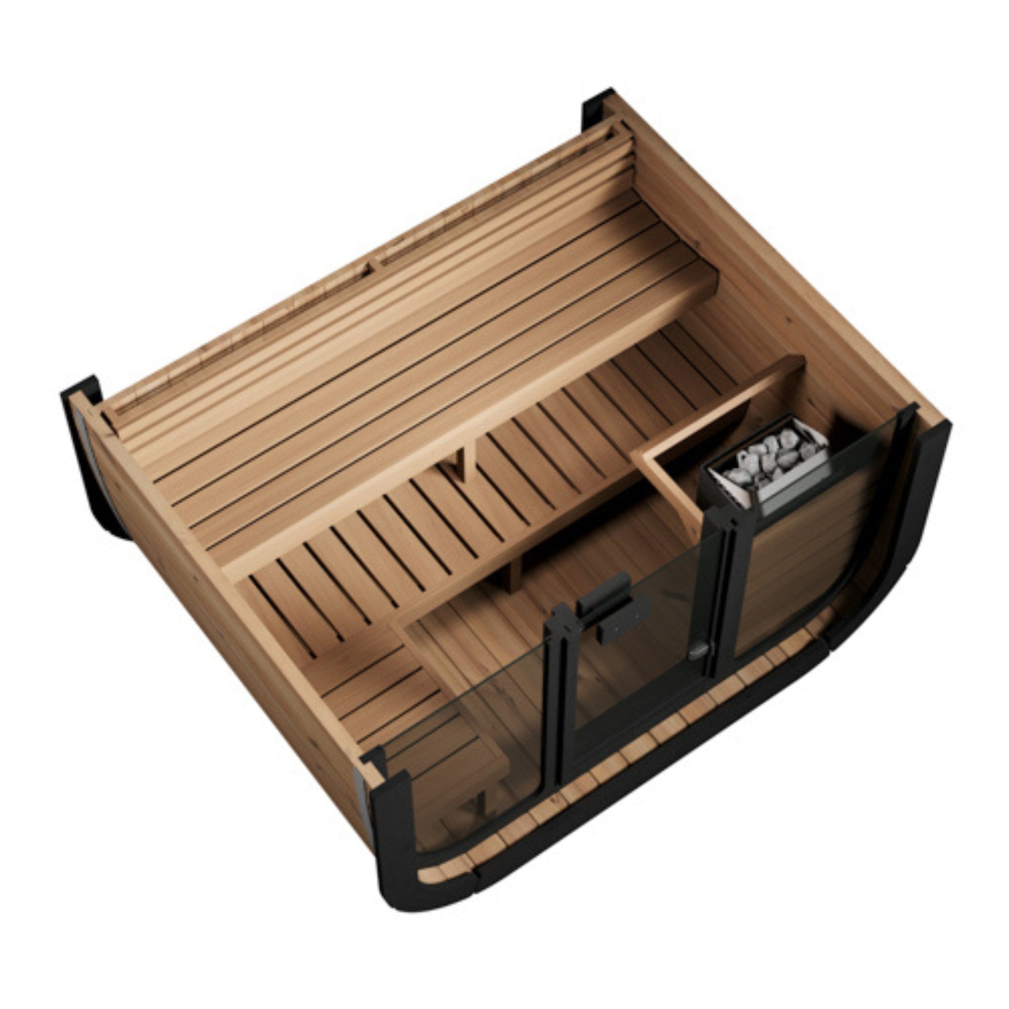 SaunaLife CL5G interior shown from above with wooden benches and heater.