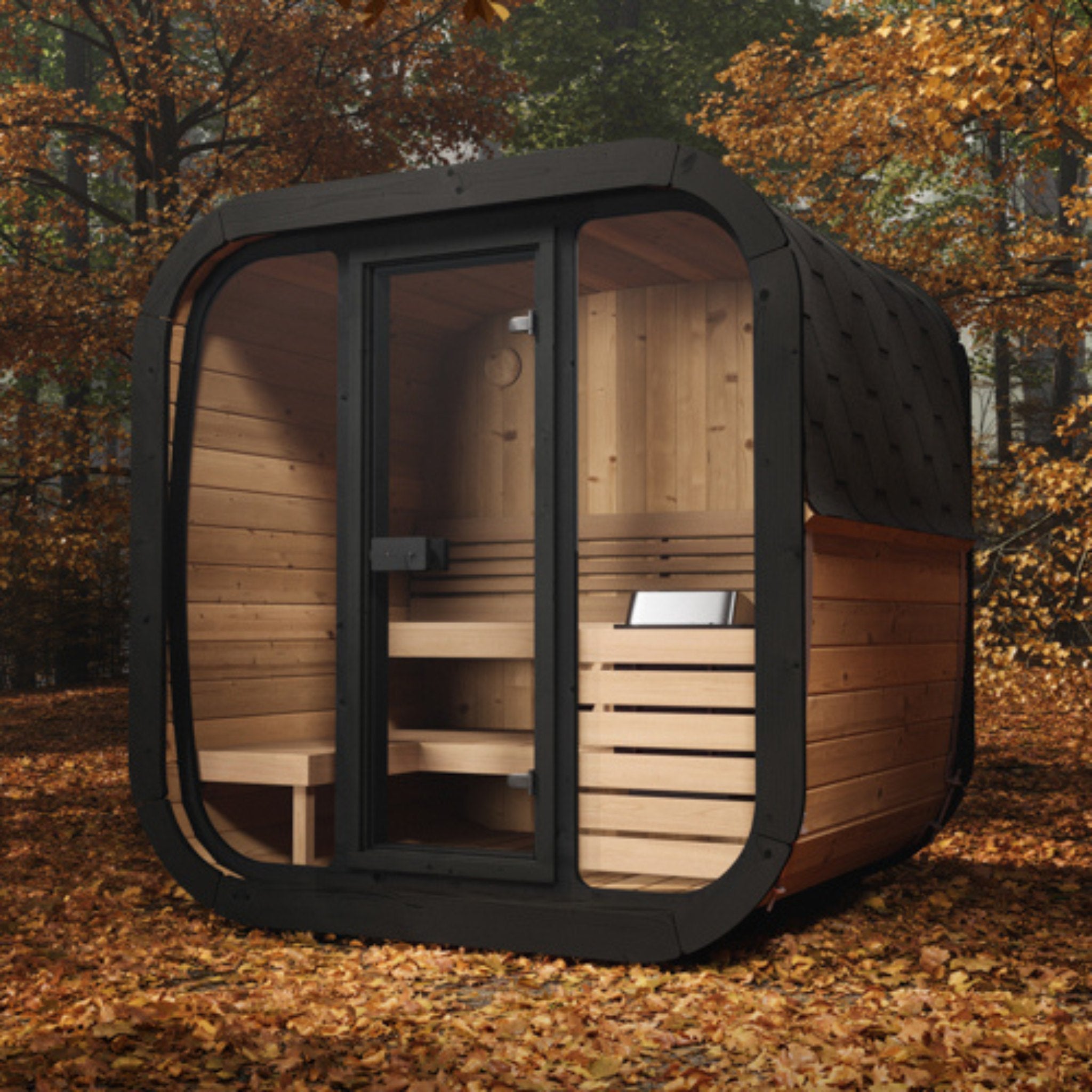 SaunaLife CL5G outdoor sauna cabin placed in forest surroundings for a cozy retreat feel.