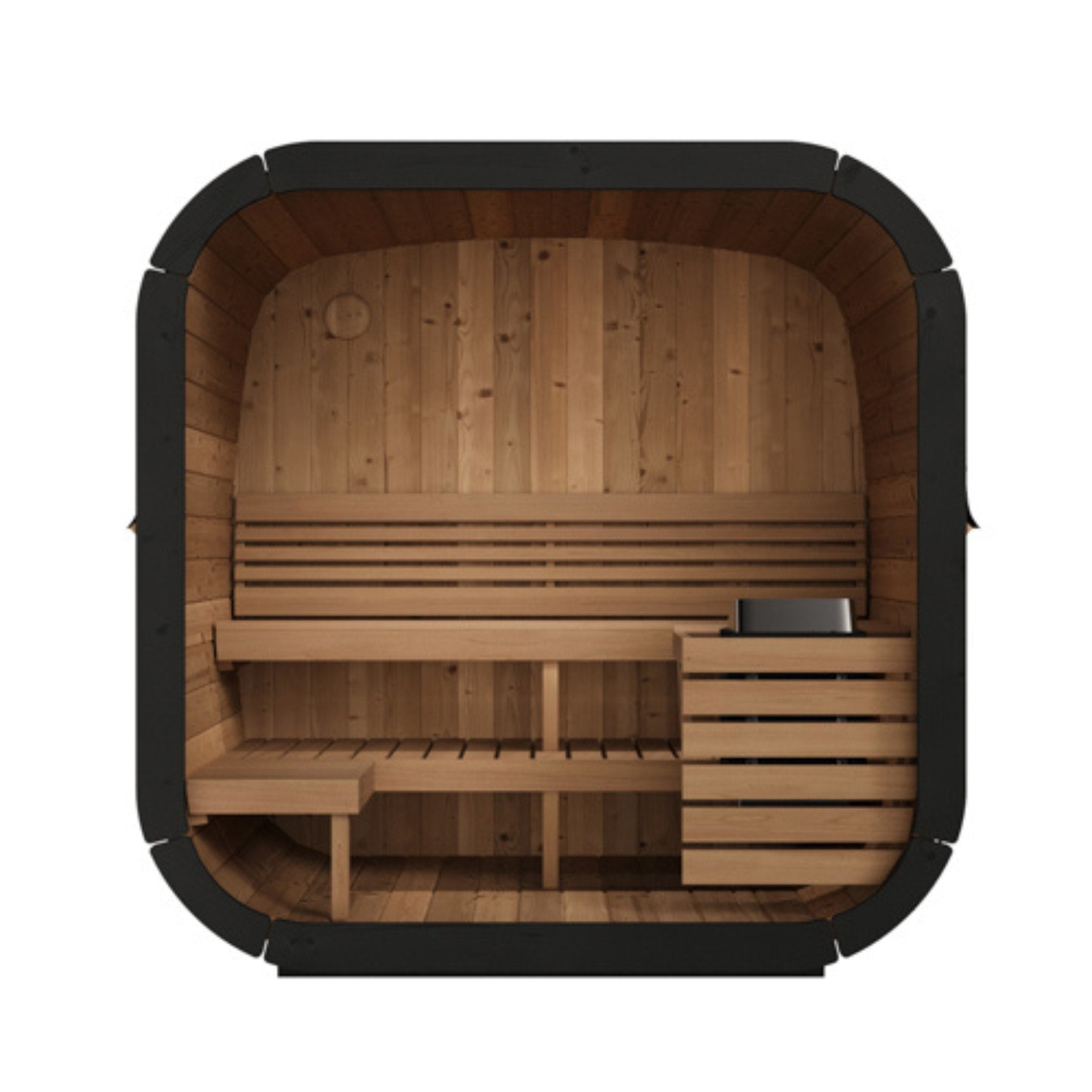 SaunaLife CL5G interior showing natural wood paneling and spacious sauna seating