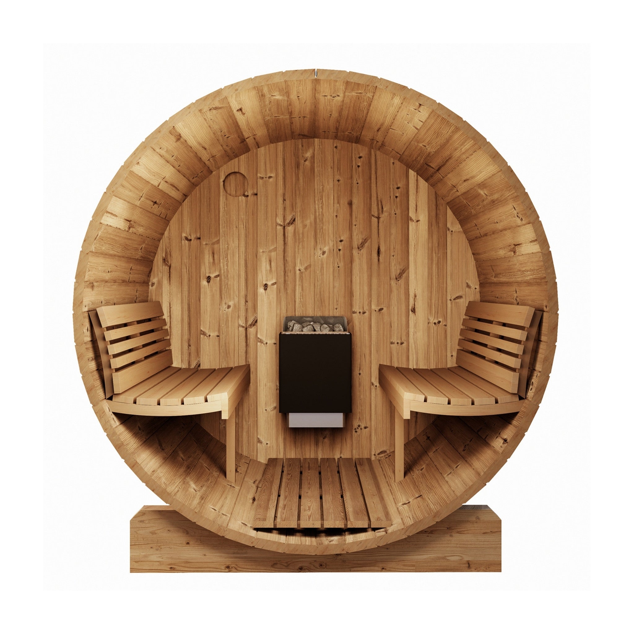 SaunaLife E6 interior featuring wooden benches, heater unit, and curved sauna walls.