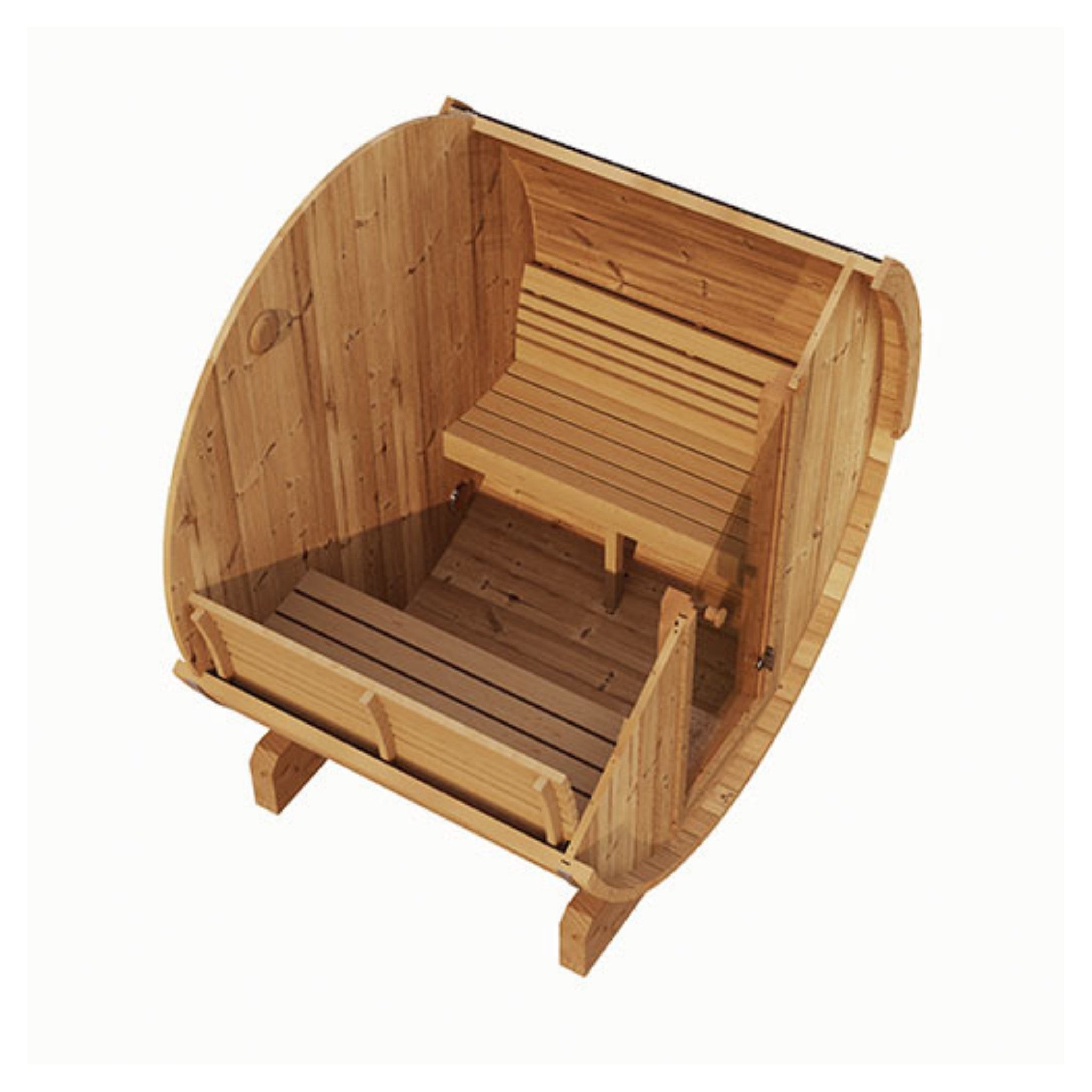 Warmly illuminated SaunaLife E6 interior with cedar finish and ambient glow lighting.