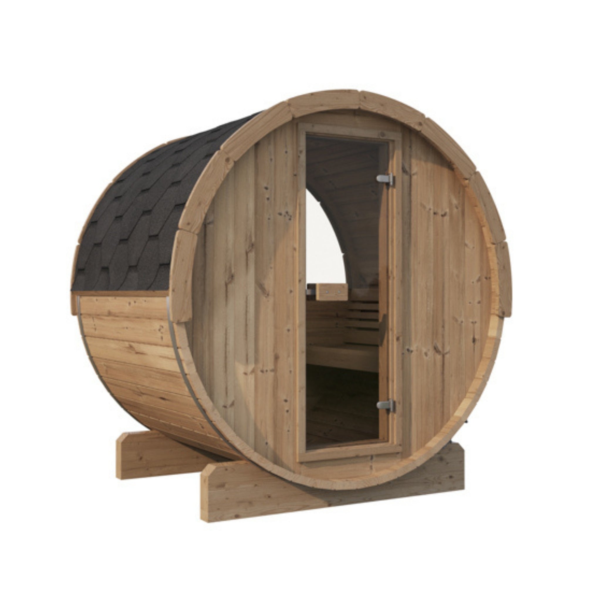 SaunaLife Model E6W outdoor barrel sauna with glass window and dark roof shingles.
