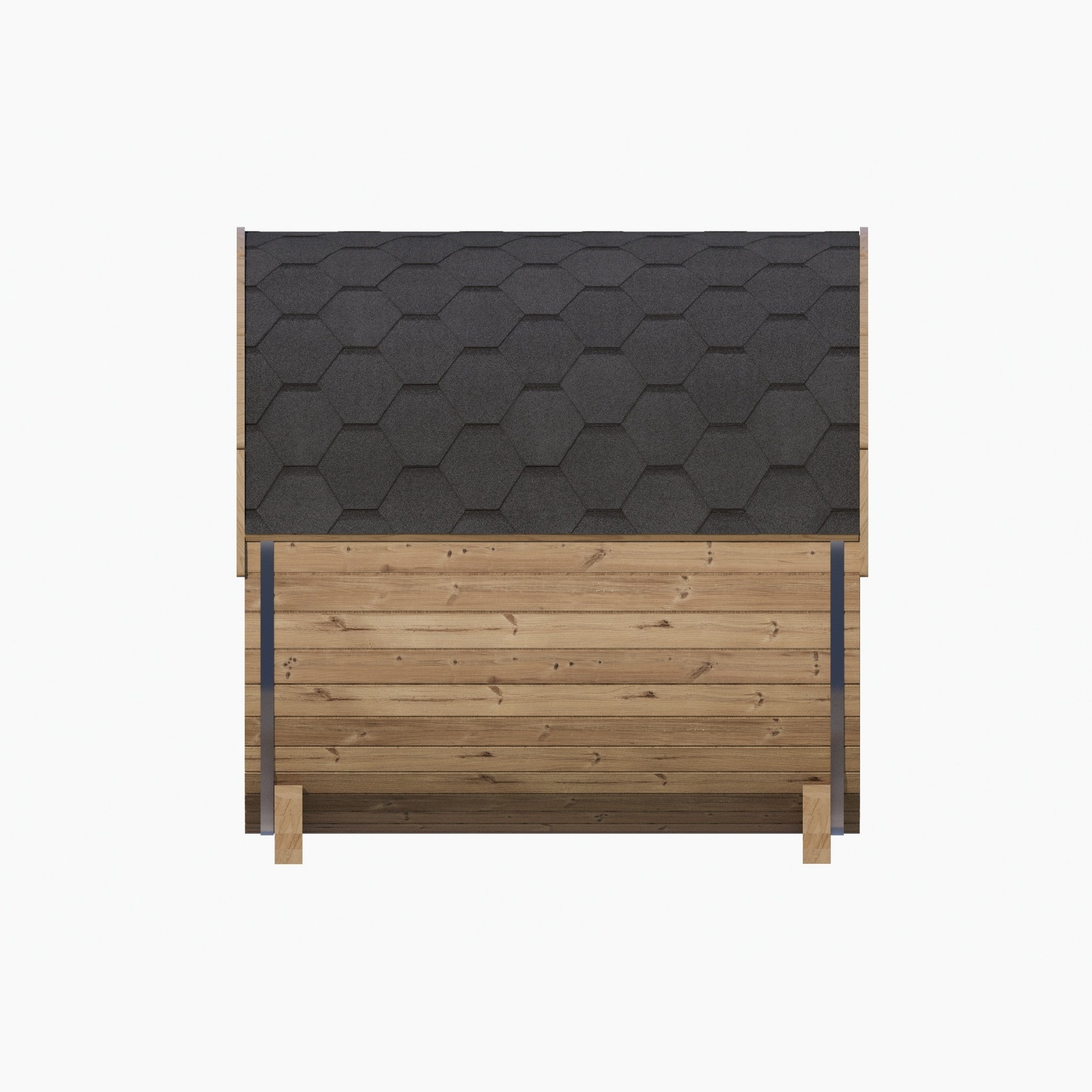 Rear view of SaunaLife E7 barrel sauna with rounded back wall and Thermo-Spruce exterior.